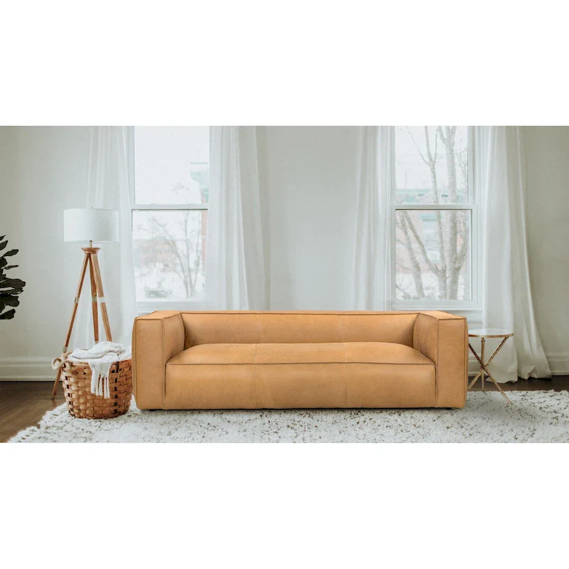 Brown/Light Brown Genuine Aniline Leather Sofa, Square Arms, 100