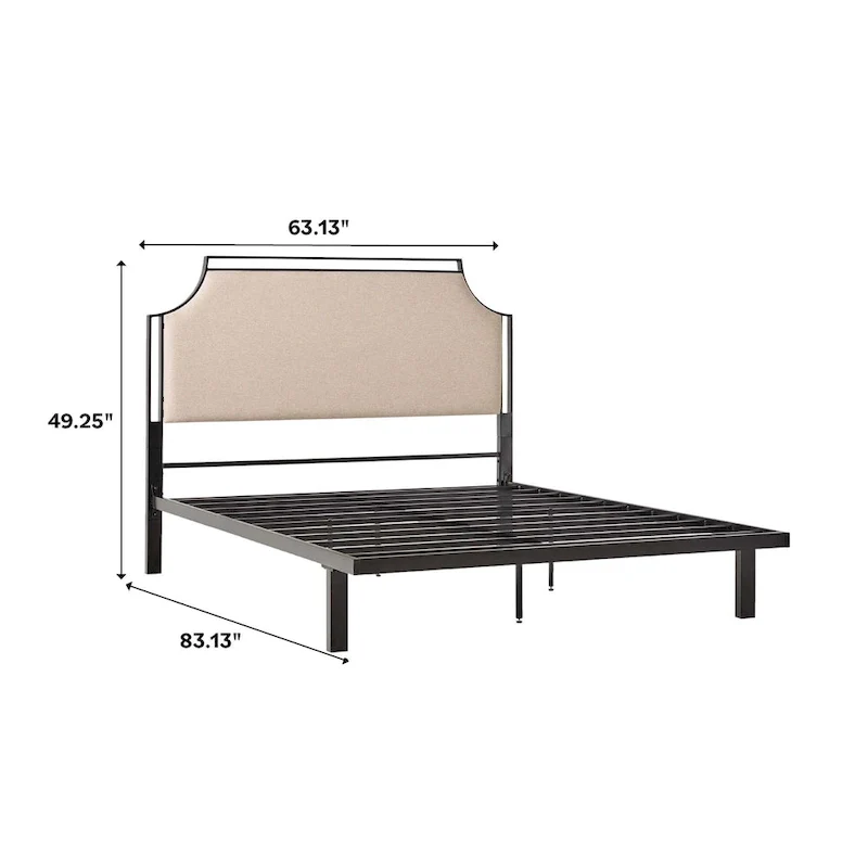 Queen Upholstered Curved Metal Bed Frame with Removable Headboard Insert – Grey / Tan, for 1–2 People