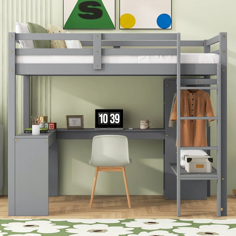 Solid Wood Loft Bed with L-shaped Desk, Wardrobe, and Shelves