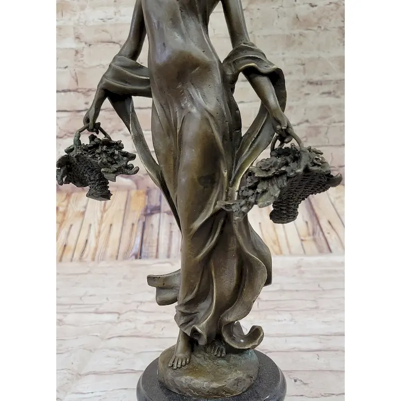 Real Bronze Statue Farmer Girl W/Flower Basket Sculpture Fall Harvest Figurine Art