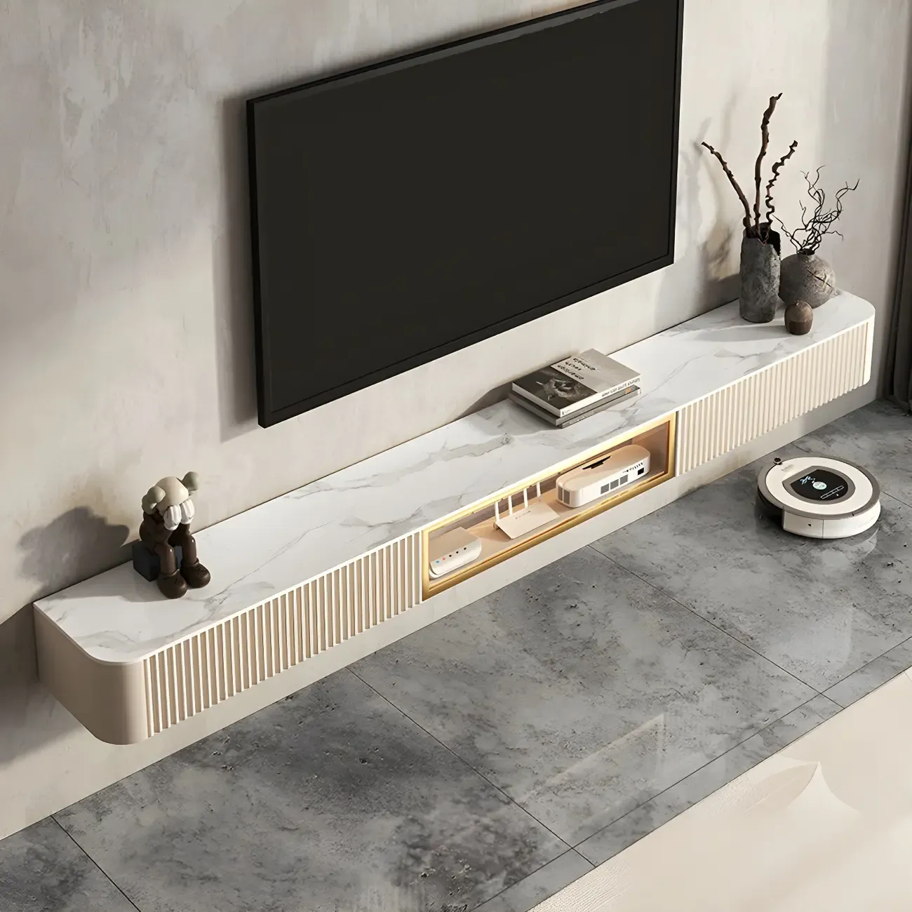 71 Beige Stone Floating TV Stand with Cable Management