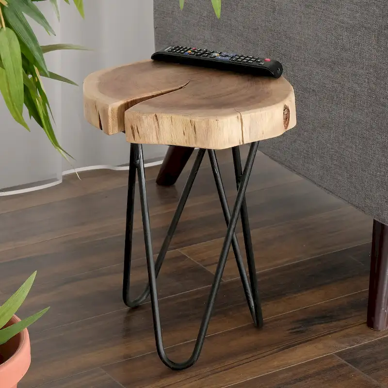 Brown/Black Round Acacia Wood Side Table with Black Metal Legs – 1-Person