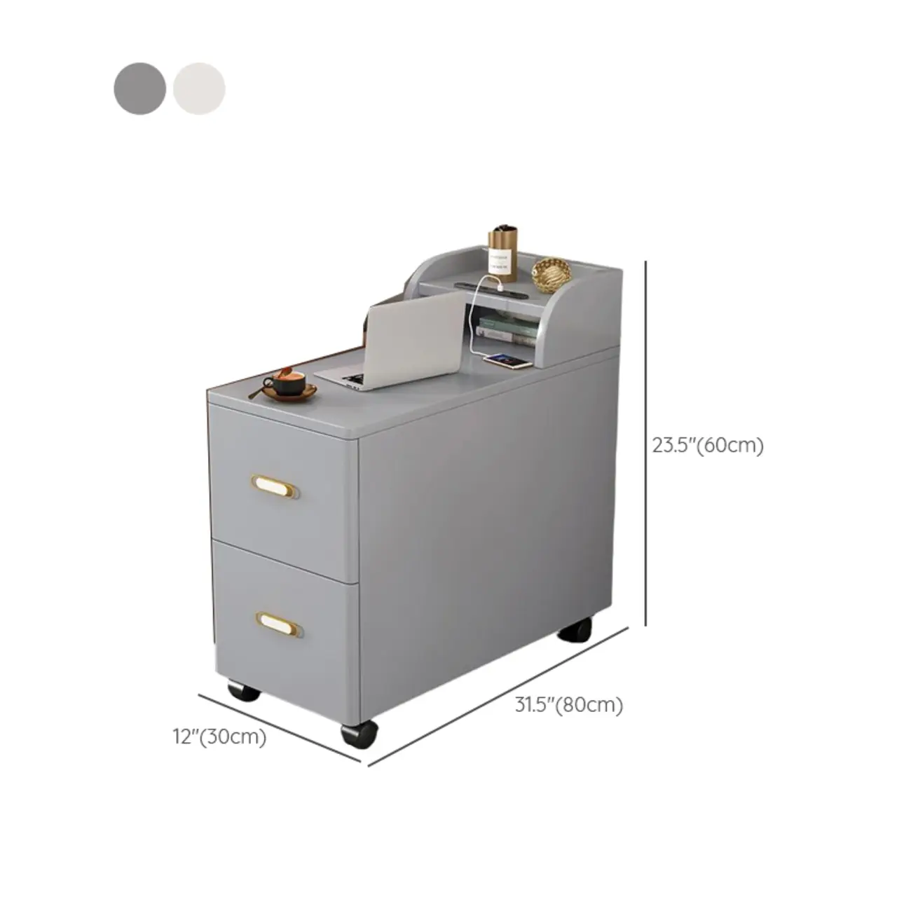 Narrow Rolling White 2-Drawer End Table with USB Charge