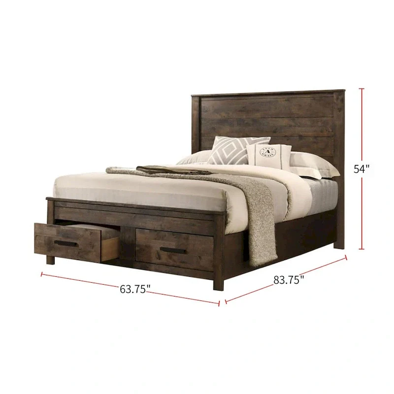 Wooden Eastern King Bed With Two Footboard Drawers in Golden Brown