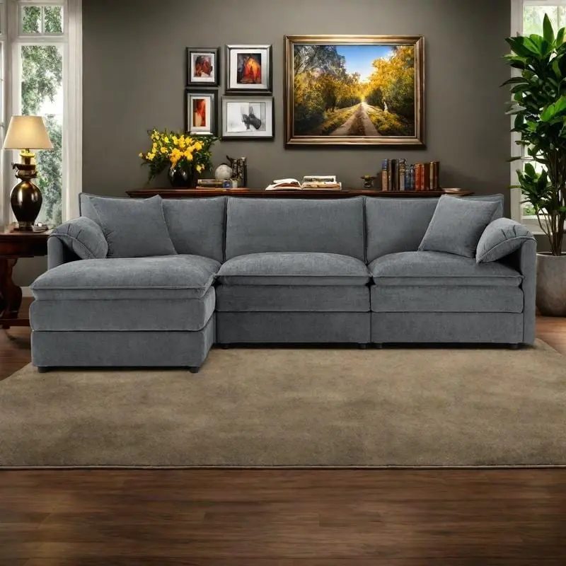 103.5 Chenille Sectional Sofa with 4-Seat L-Shaped Cloud Couch and Ottoman & Pocket Spring Cushions (330lb Capacity)