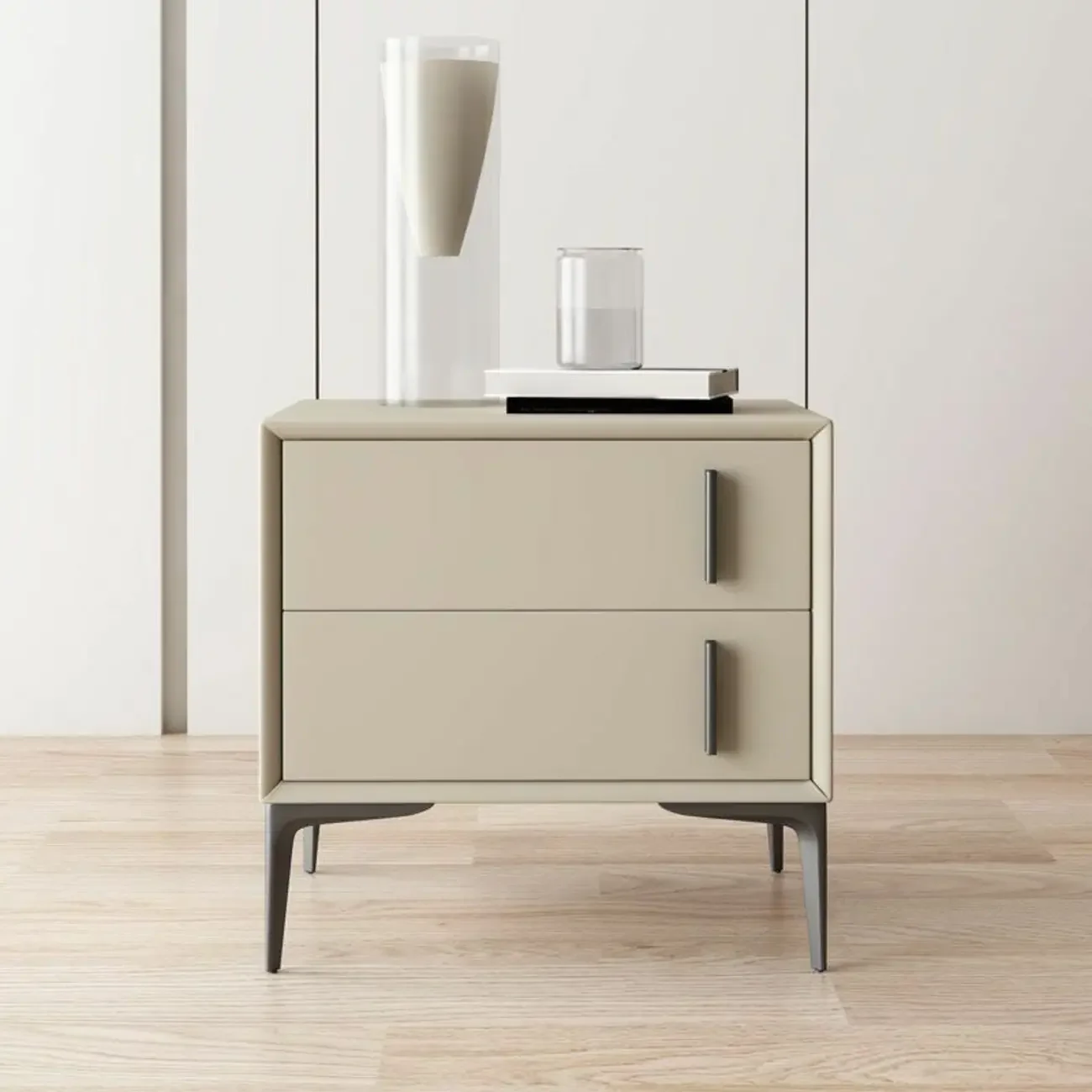 Modern Apricot Faux Leather Wood 2-Drawer Nightstand