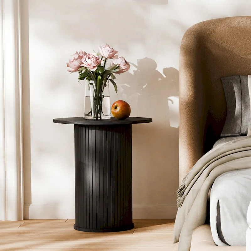 Round Tambour End Table, Mid-Century Modern Small Side Table for Living Room, Bedroom