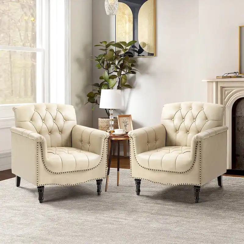 Tufted Vegan Leather Accent Chairs Set of 2, Armchair with Nailhead Trim