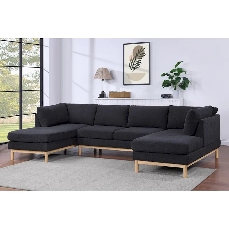 Hallie 124-inch Black Sherpa U-shaped Sectional Sofa with Wide Double Chaise - 124W x 63.5D x 33.5H