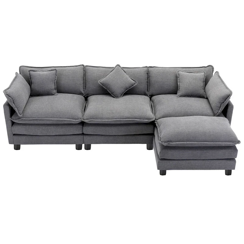L-Shape Chenille Upholstered Sofa with Ottoman