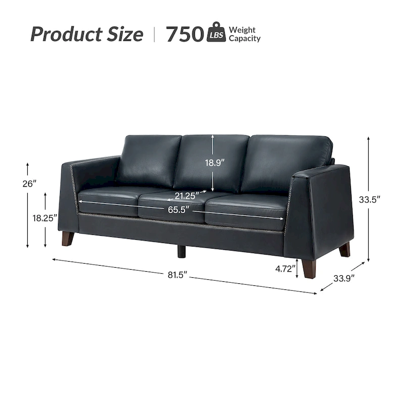 Rita 81.5 Genuine Leather Tuxedo Arm Sofa Couch With Solid Wood Legs By HULALA HOME