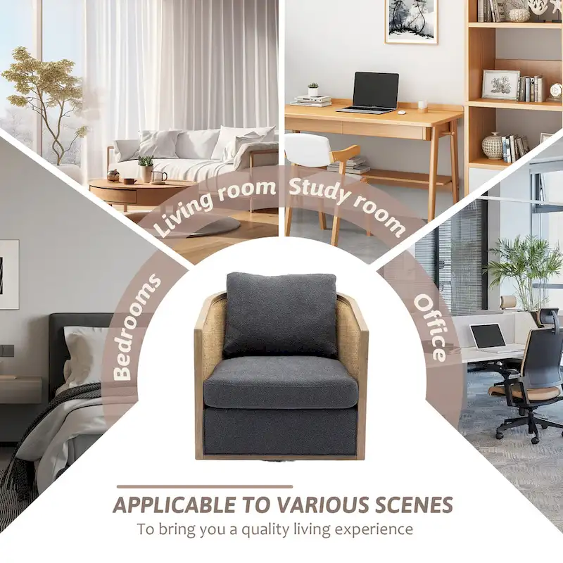 Boucle/Leather Upholstered 360 Degree Swivel Round Barrel Club Chair