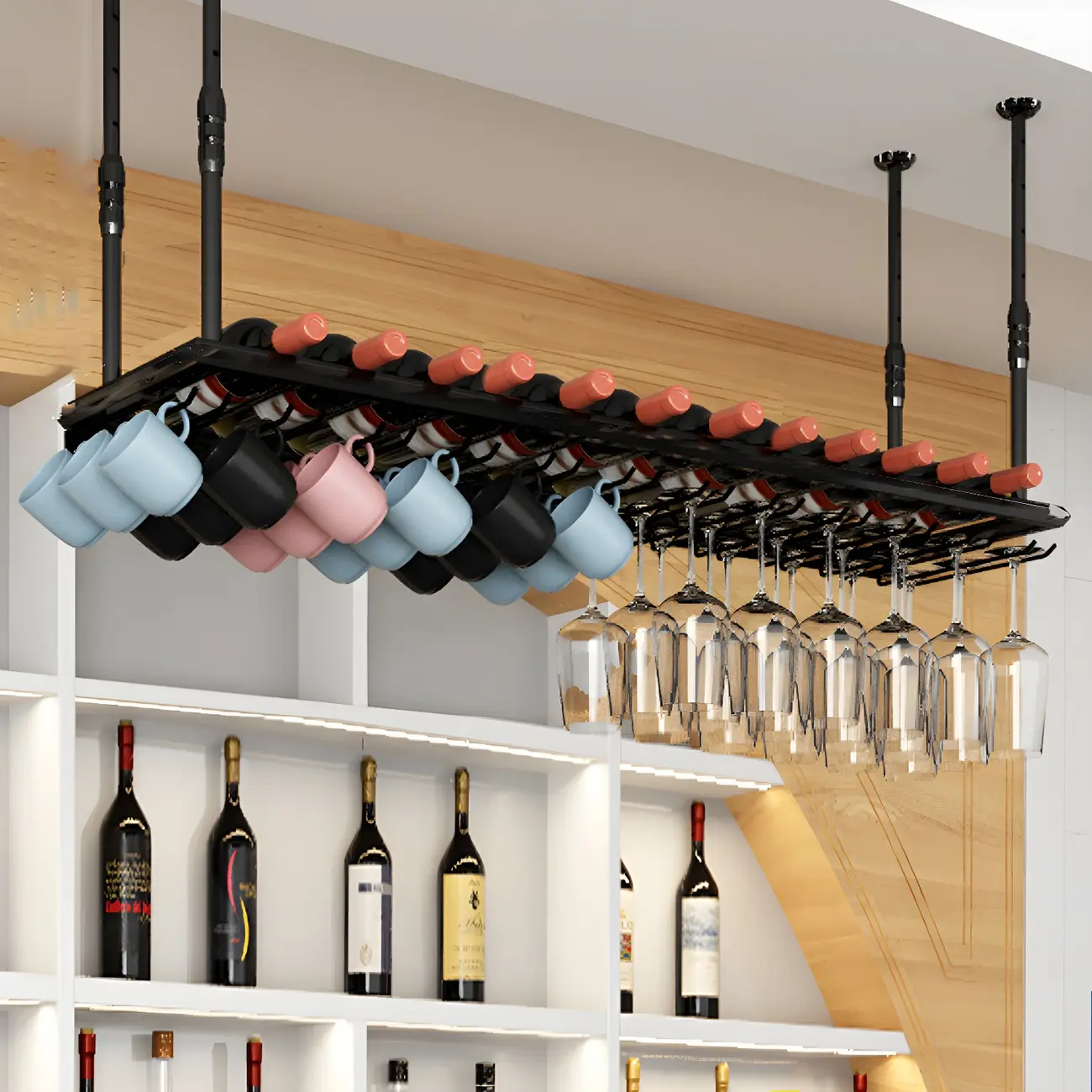 Industrial Metal Hanging Wine Rack with Glass Holder