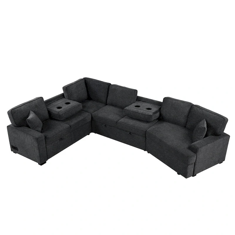 Black 126  L-Shaped 6-Seater Sofa with Pull-Out Bed and Cup Holders