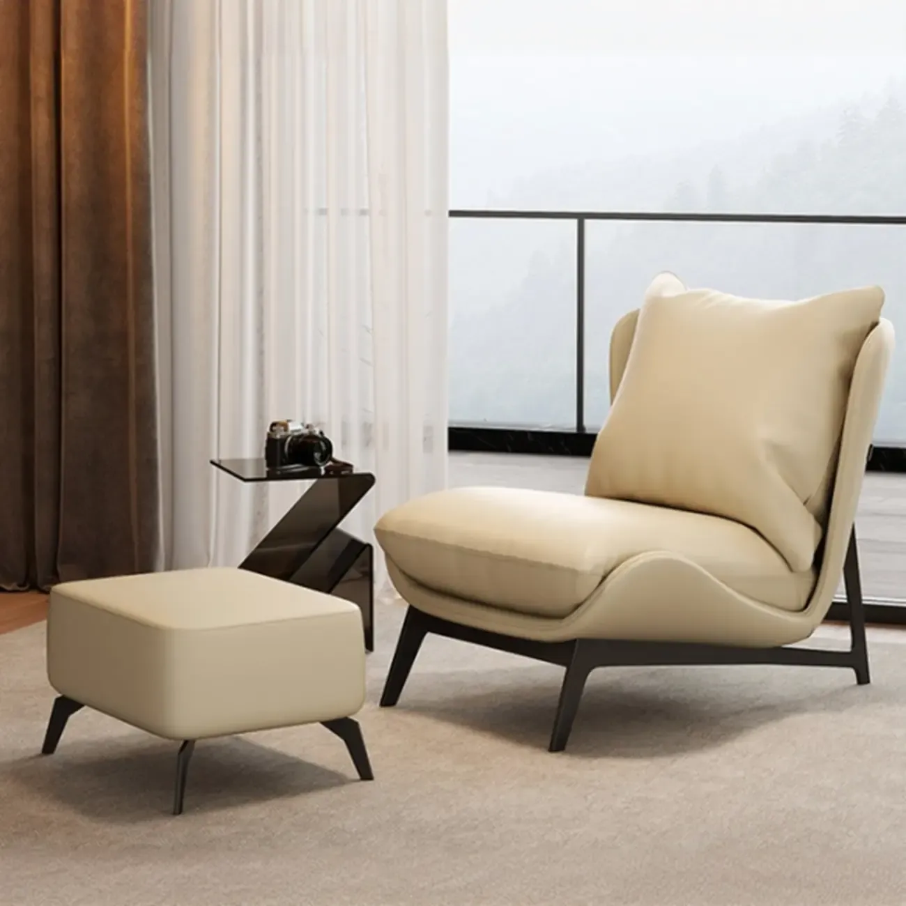 Modern Cat-Resistant Leather Accent Chair with Ottoman