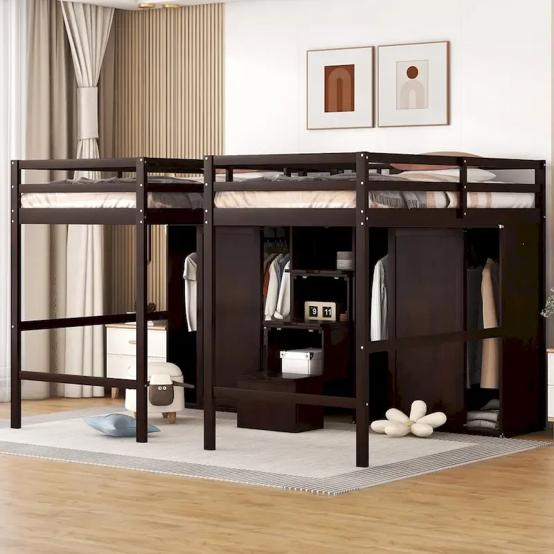 Double Twin Loft Beds with Wardrobes and Staircase