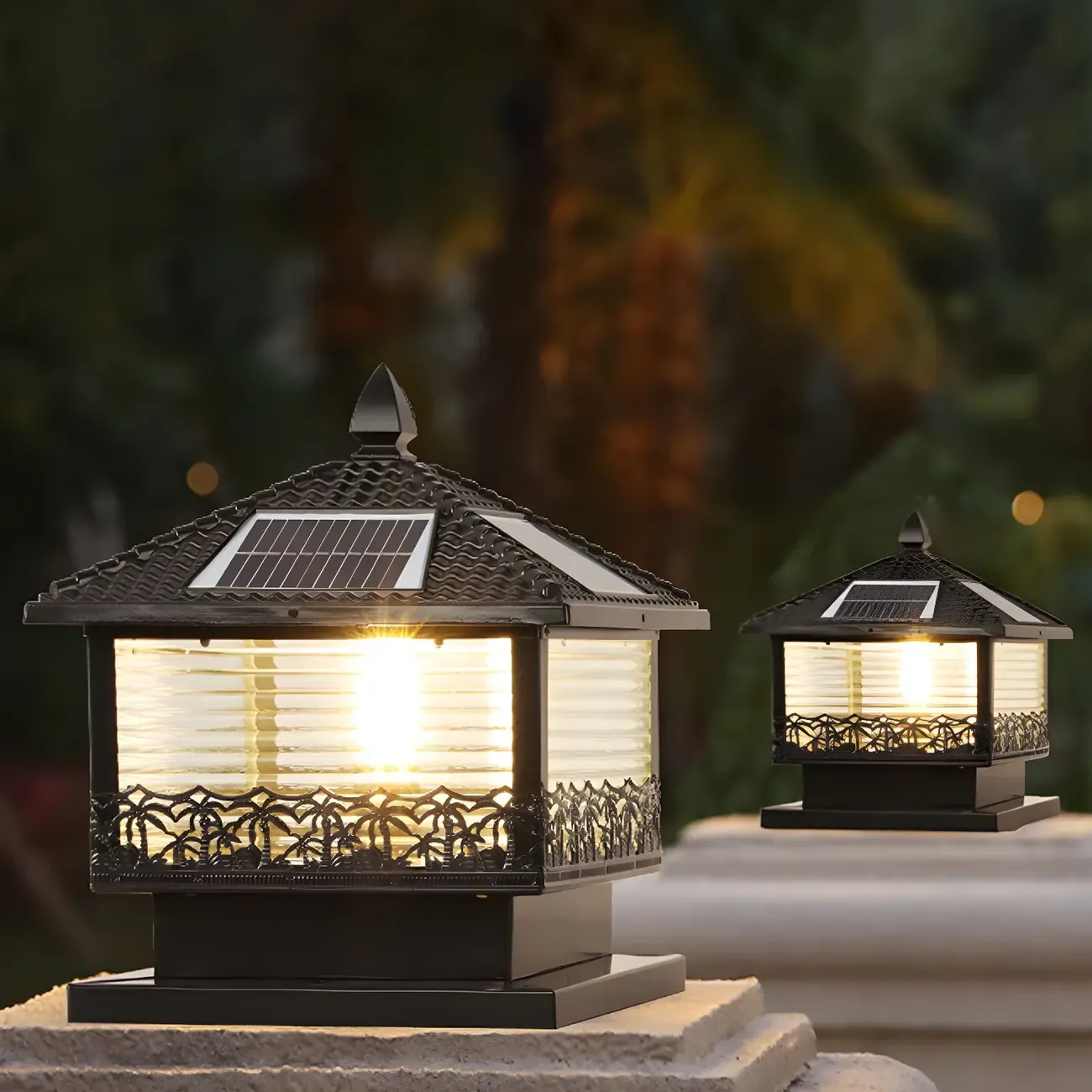 House-Shape Black Solar Outdoor Post Lights