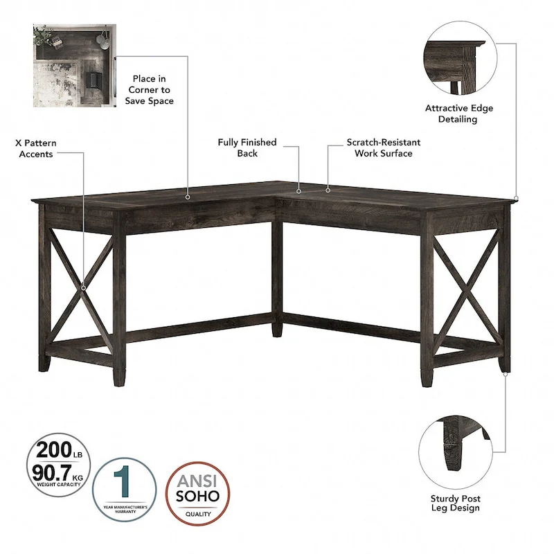 Key West 60W L Desk with File Cabinet and Bookcase by Bush Furniture