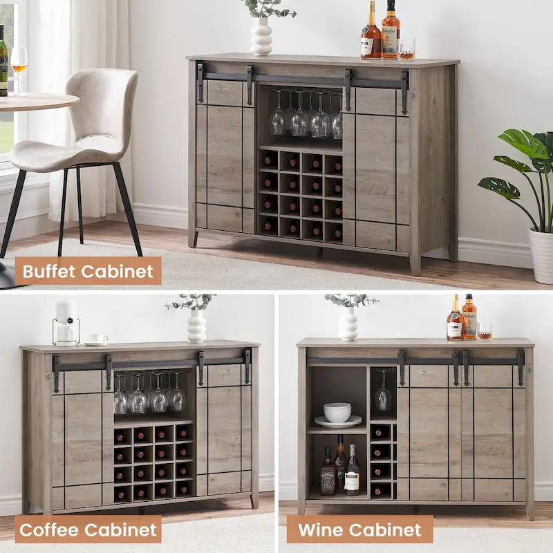 Farmhouse 47 Wine Bar Cabinet Buffet Sideboard Cabinet with 16 Bottle Wine Rack - 15.7D x 47.2W x 34.61H