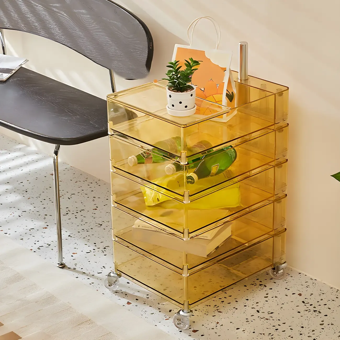 Vibrant Yellow Transparent Nightstand with Drawers and Wheels