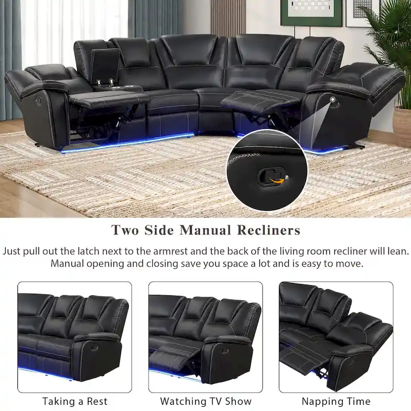 Modern Faux Leather Manual Reclining with Center Console with LED Light Strip,Living Room Furniture Set,PU Symmetrical Couch