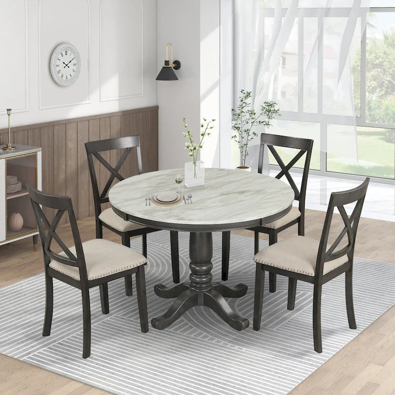 Modern Style Wooden 5-Piece Dining Set with Round Table amd 4 Upholstered Chairs