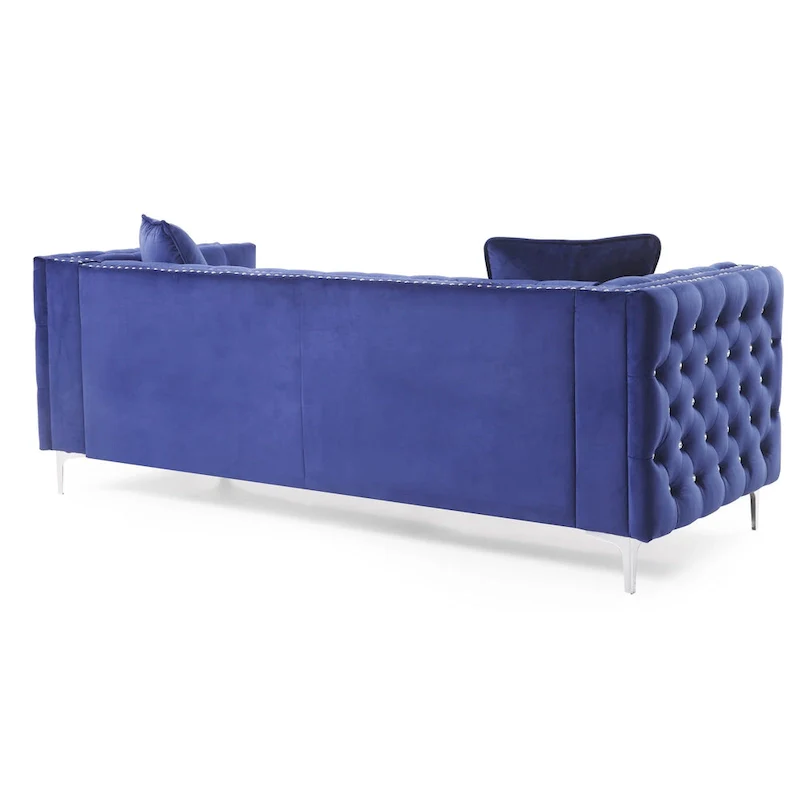 Tufted Velvet Sofa - Blue, 3-Seater, Track Arms, 2 Throw Pillows, 86W x 30H, Contemporary