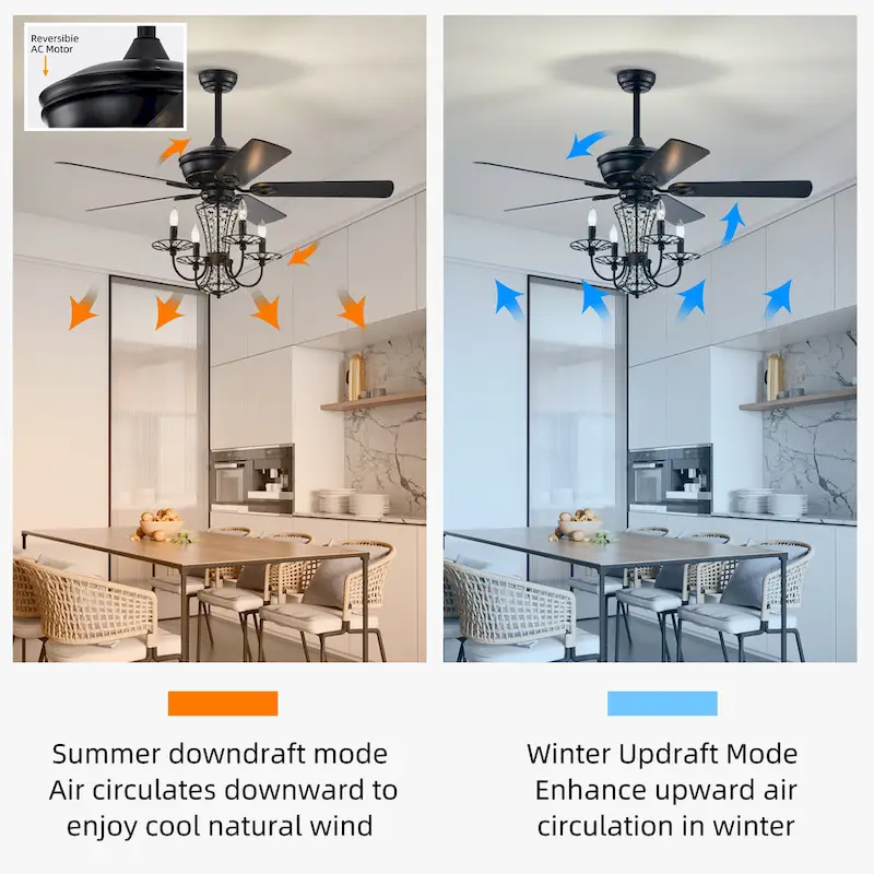 Cusp Barn 52in. Modern Industrial Crystal Ceiling Fan with Lights, Matte Black 3-Speed Reversible Ceiling Fan Light with Remote