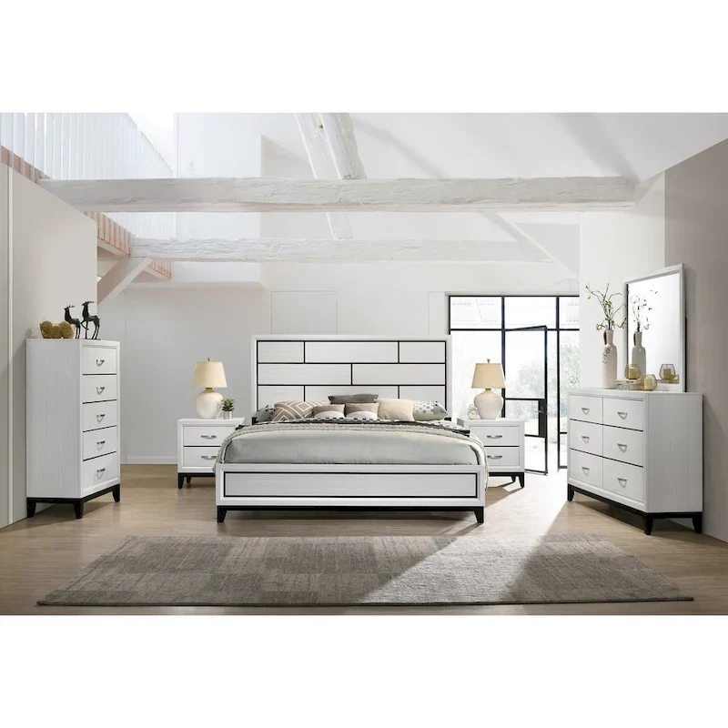 White 6-Piece Bedroom Set, Panel Bed with Carved Headboard, Dresser, Mirror, 2 Nightstands & Chest
