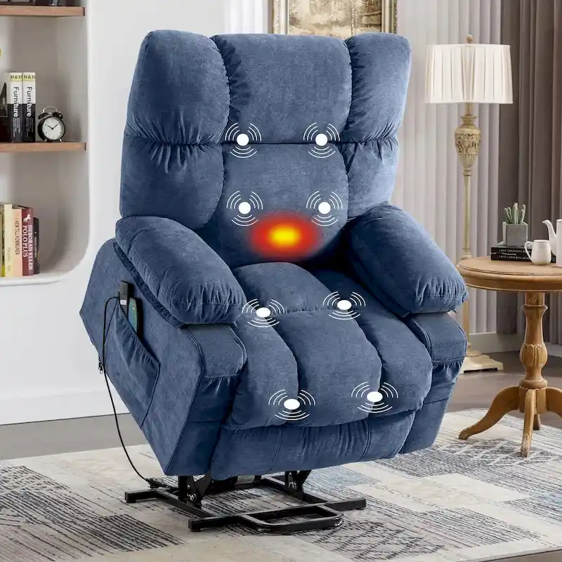 Blue Power Lift Recliner with Heating, Massage, USB Charging, Side Storage, and Remote Control Functionality