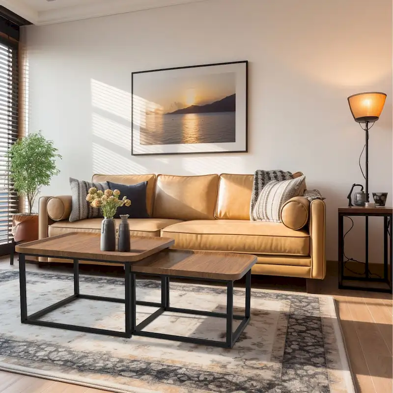 Walnut & Black Square Nesting Coffee Tables - 2 Piece Set