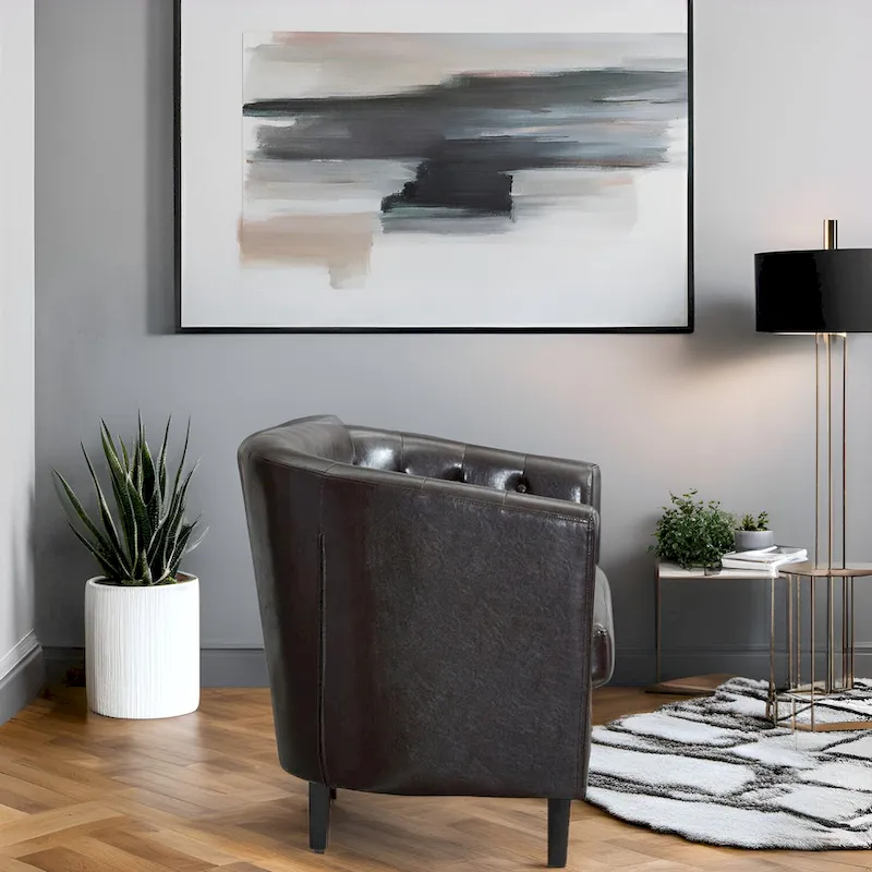 Midcentury Modern Button Tufted Faux Leather Barrel Loveseat - Comfy Tub Loveseat Sofa