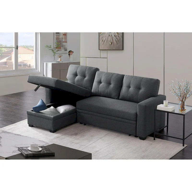 Upholstered Pull Out Sectional Sofa with Chaise - 82W x 53D x 34.5H
