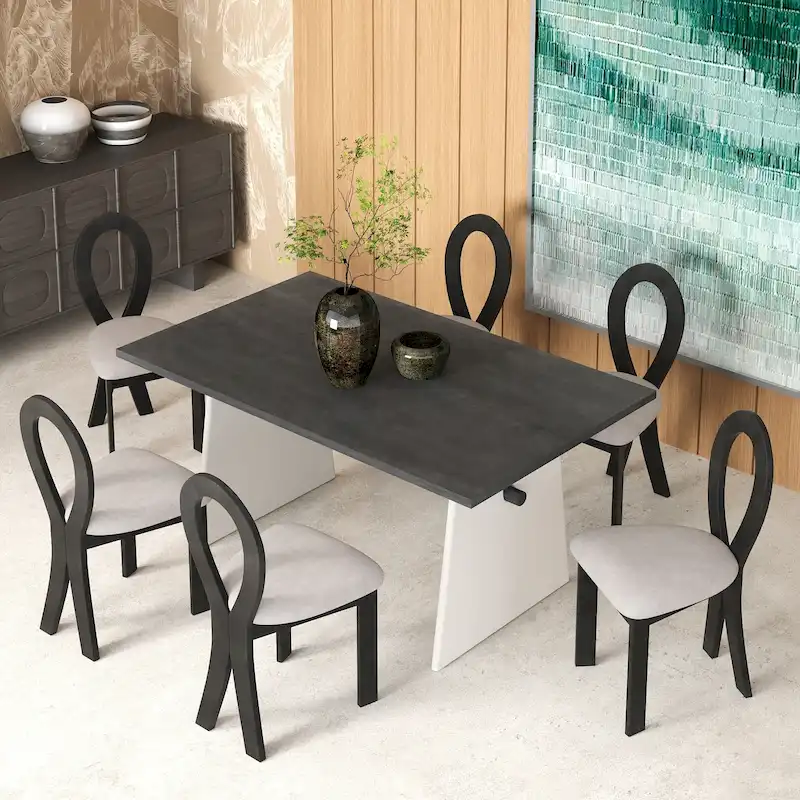 7 Piece Dining Table Set for 6, Versatile Kitchen Dining Table Set with Trestle Dining Table and 6 Upholstered Chairs
