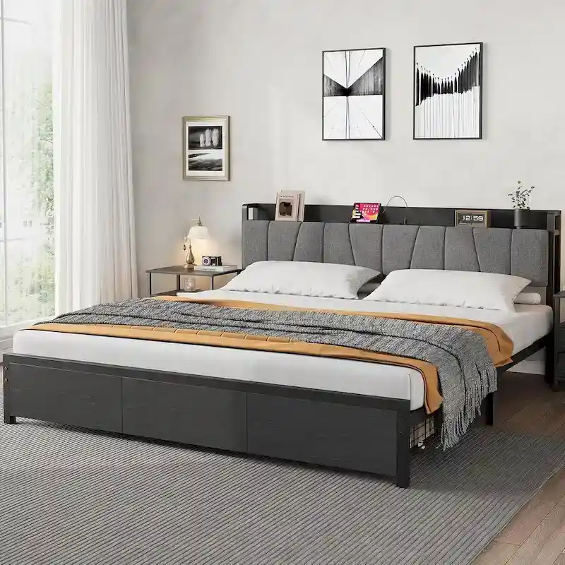 Bed Frame with Storage Headboard, Industrial Platform Bed with 2 Large Drawers and Charging Station, Black