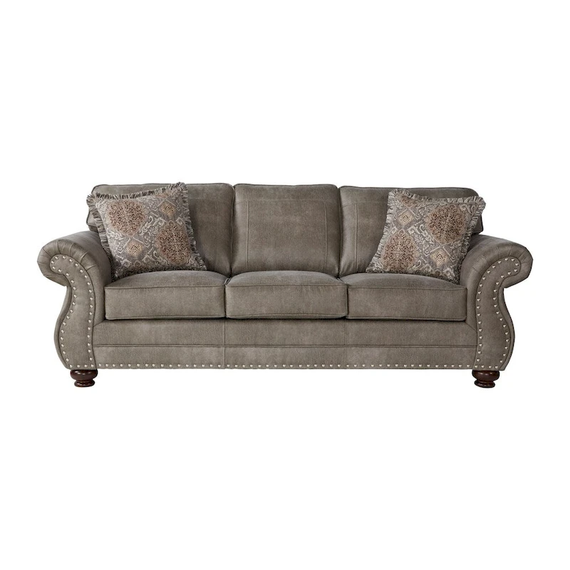 Roundhill Furniture Leinster Faux Leather Upholstered Nailhead Sofa and Loveseat Set in Stone Gray