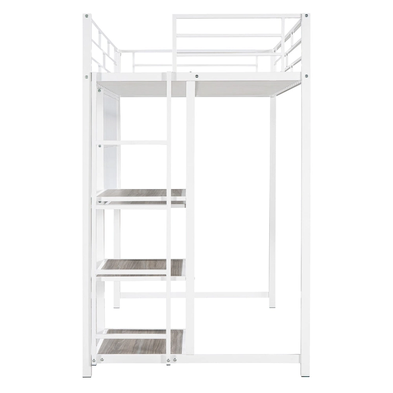 White Twin Metal Loft Bed with Desk & Shelves