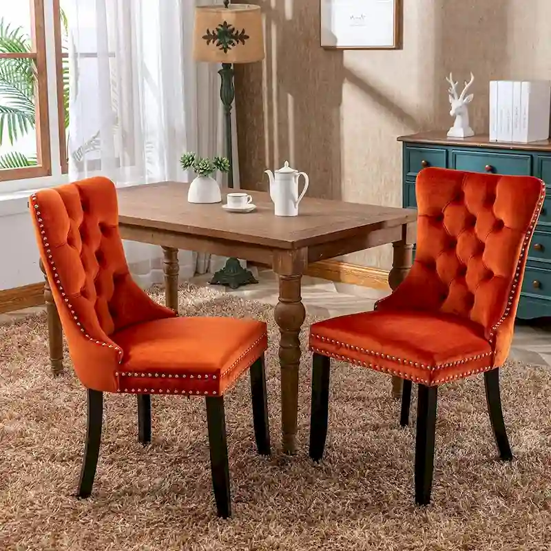 Dining Chairs Set of 2, Upholstered Accent Chair Button Tufted Armless Chair with Back Ring Pull and Nailhead Trim