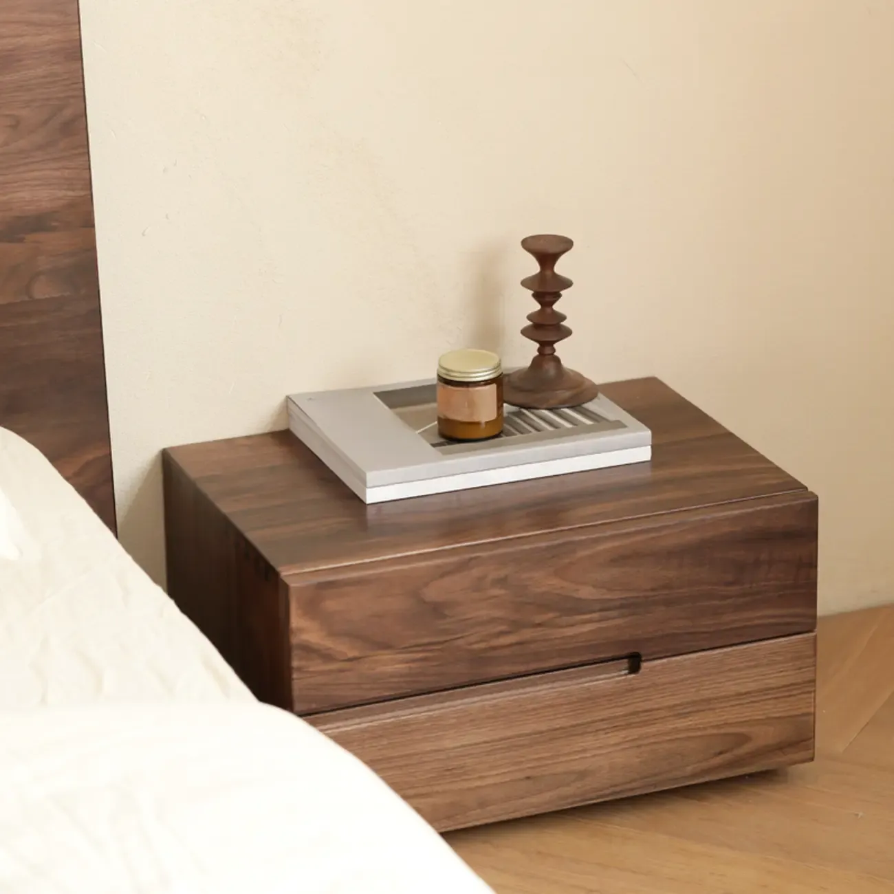 Scandinavian Brown Wood Bedside Table with 2 Drawer