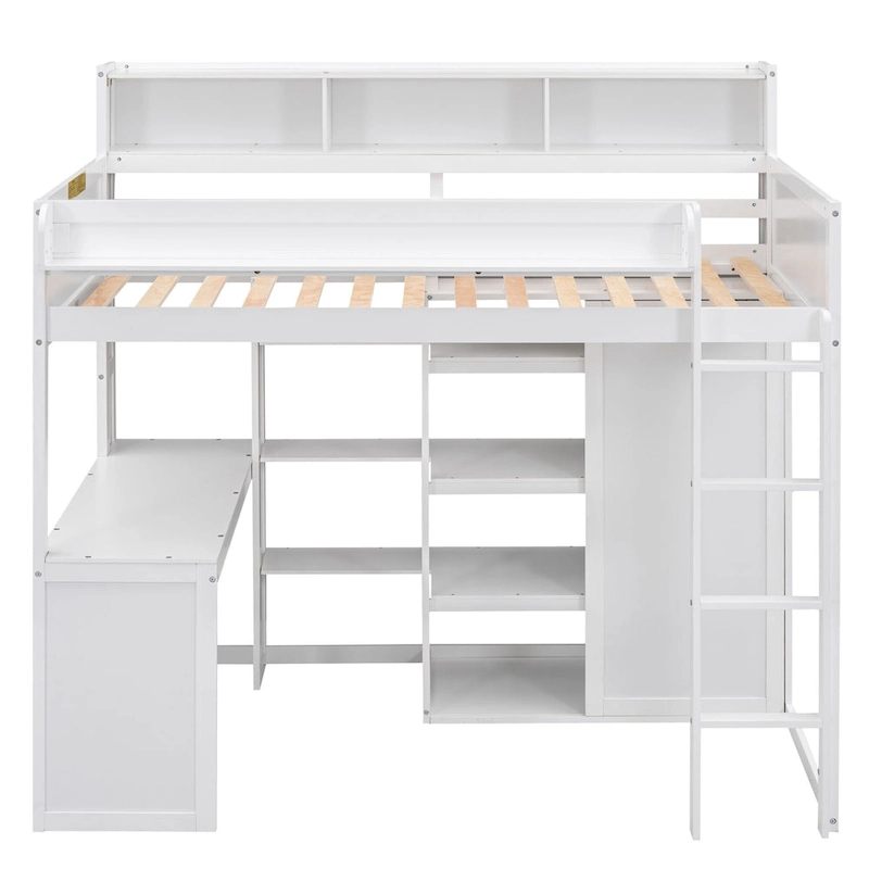 Twin Wood Loft Bed with Shelves, Wardrobe, and Desk
