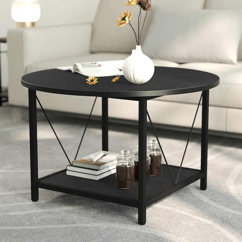 Industrial 2-Tier Round Coffee Table with Shelf