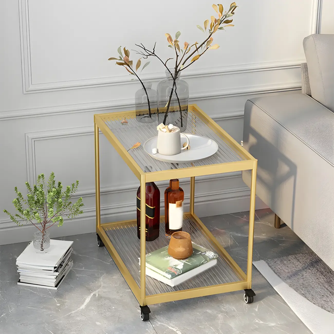 Gold Glass Rectangular Top Shelf Side Table on Wheels