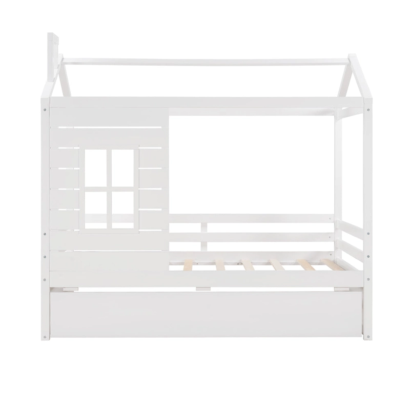 Twin Pine House Bed with Trundle, Guardrail, and Window