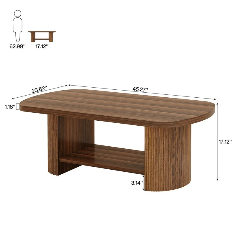 45.2 Inch Wood Coffee Table, Center Table with 2 Tier Shelves