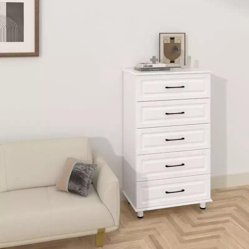 Sandinrayli 5 Drawer Dresser, White Tall Dresser for Bedroom, Closet Wood Storage with Steel Handles, White