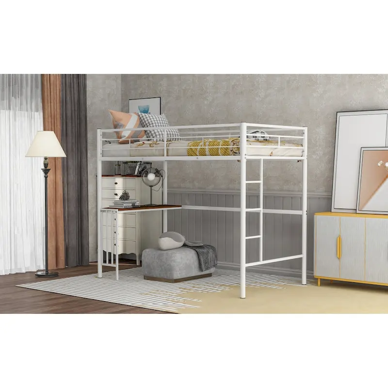 Metal Loft Bed with Desk, Ladder and Guardrails