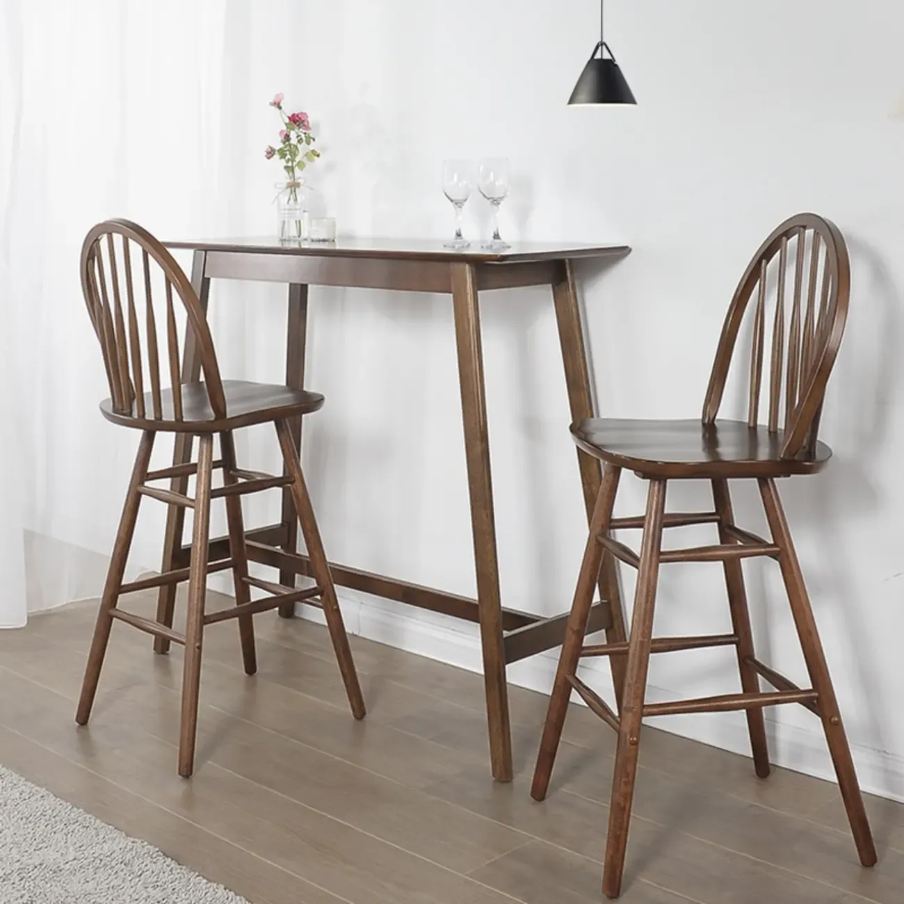 Scandinavian Brown Wooden Rubberwood Footrest Bar Tables