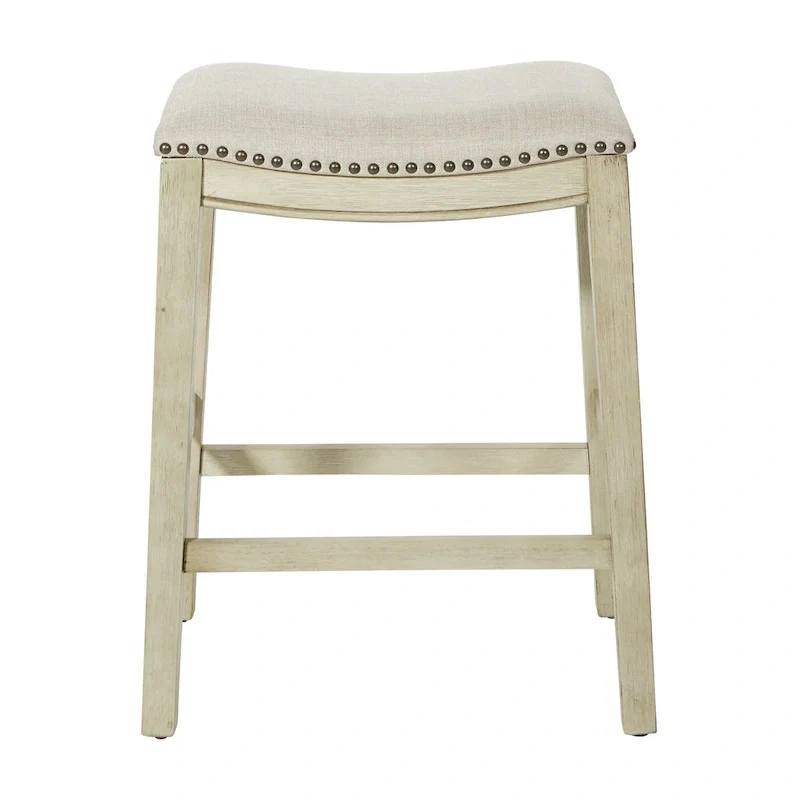 OSP Home Furnishings Metro Antique White and Beige Upholstered 24-inch Saddle Bar Stool (Set of 2)