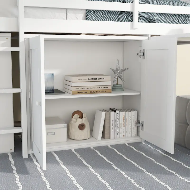 Twin Loft Bed with Pull-Out Desk, 2 Cabinets, 4 Drawers & Shelves