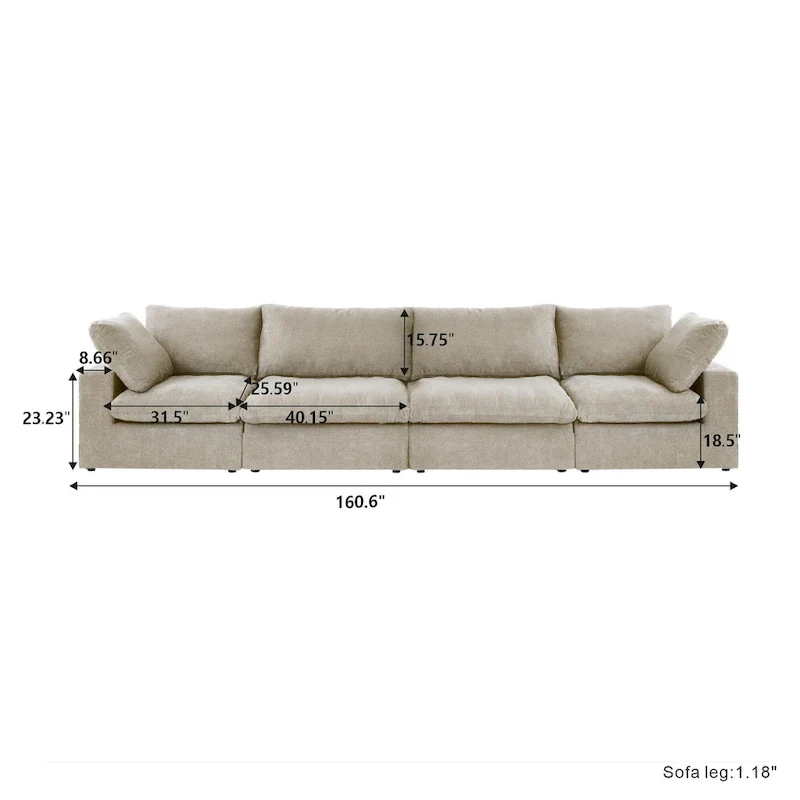 160 Modern Linen Upholstery 4 Piece Sectional Sofa Minimalism Commix Down Filled Modular Couches